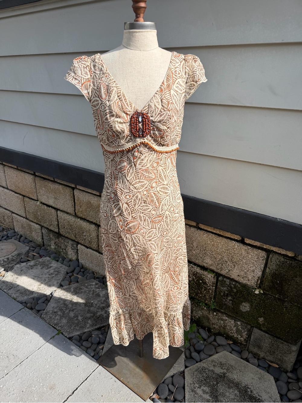 y2k Beaded Ivory and Tan Leaf-Print Midi Dress
